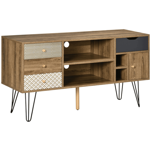 Rack para TV estilo boho com prateleiras, 4 gavetas e pés de metal, mesa para TVs de até 50 polegadas, 120x39x64 cm, marrom Rack para TV estilo boho com prateleiras, 4 gavetas e pés de metal, mesa para TVs de até 50 polegadas, 120x39x64 cm, marrom