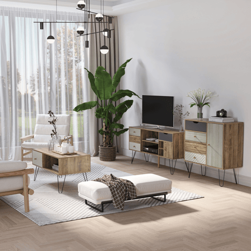 Rack para TV estilo boho com prateleiras, 4 gavetas e pés de metal, mesa para TVs de até 50 polegadas, 120x39x64 cm, marrom Rack para TV estilo boho com prateleiras, 4 gavetas e pés de metal, mesa para TVs de até 50 polegadas, 120x39x64 cm, marrom