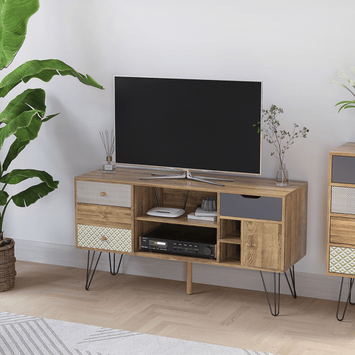 Rack para TV estilo boho com prateleiras, 4 gavetas e pés de metal, mesa para TVs de até 50 polegadas, 120x39x64 cm, marrom Rack para TV estilo boho com prateleiras, 4 gavetas e pés de metal, mesa para TVs de até 50 polegadas, 120x39x64 cm, marrom