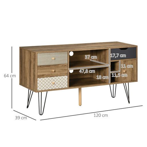 Rack para TV estilo boho com prateleiras, 4 gavetas e pés de metal, mesa para TVs de até 50 polegadas, 120x39x64 cm, marrom Rack para TV estilo boho com prateleiras, 4 gavetas e pés de metal, mesa para TVs de até 50 polegadas, 120x39x64 cm, marrom