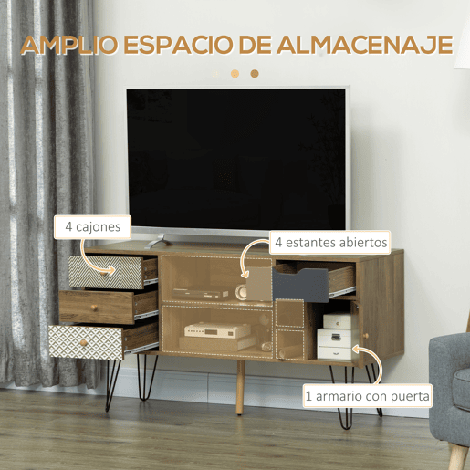 Rack para TV estilo boho com prateleiras, 4 gavetas e pés de metal, mesa para TVs de até 50 polegadas, 120x39x64 cm, marrom Rack para TV estilo boho com prateleiras, 4 gavetas e pés de metal, mesa para TVs de até 50 polegadas, 120x39x64 cm, marrom