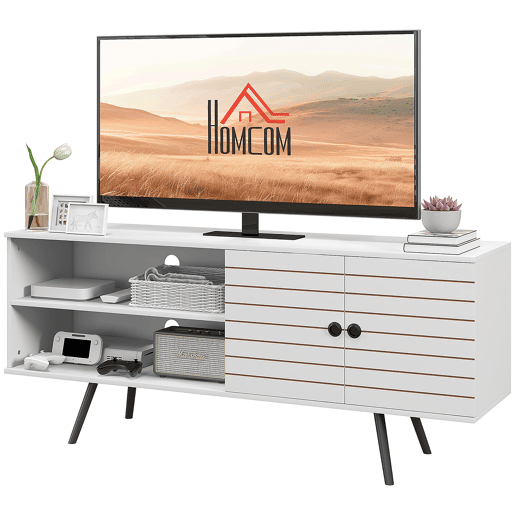 Móvel de TV moderno para TVs de 65 polegadas com 2 prateleiras abertas e 1 prateleira ajustável, 145 x 38 x 65 cm, branco.