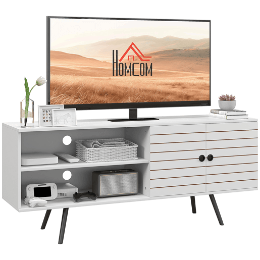Móvel de TV moderno para TVs de 65 polegadas com 2 prateleiras abertas e 1 prateleira ajustável, 145 x 38 x 65 cm, branco.