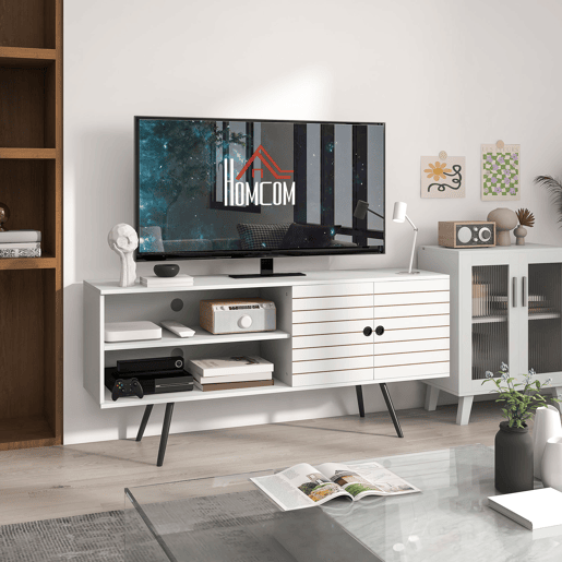 Móvel de TV moderno para TVs de 65 polegadas com 2 prateleiras abertas e 1 prateleira ajustável, 145 x 38 x 65 cm, branco.