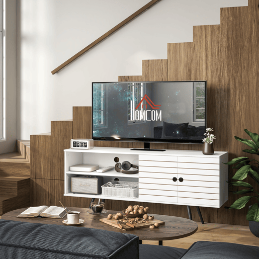 Móvel de TV moderno para TVs de 65 polegadas com 2 prateleiras abertas e 1 prateleira ajustável, 145 x 38 x 65 cm, branco.