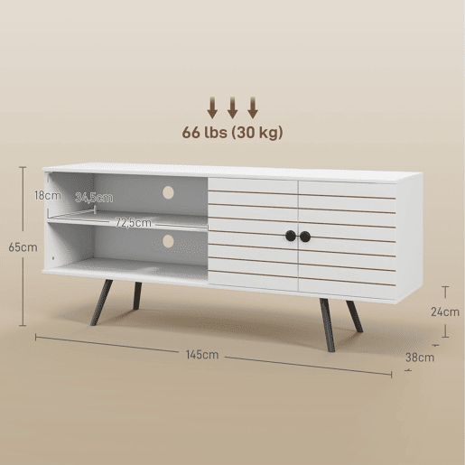 Móvel de TV moderno para TVs de 65 polegadas com 2 prateleiras abertas e 1 prateleira ajustável, 145 x 38 x 65 cm, branco.