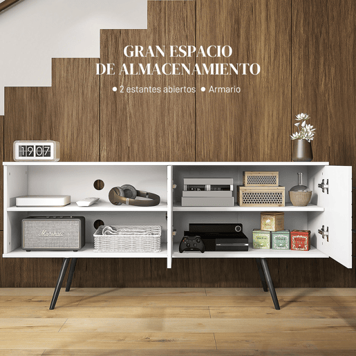 Móvel de TV moderno para TVs de 65 polegadas com 2 prateleiras abertas e 1 prateleira ajustável, 145 x 38 x 65 cm, branco.