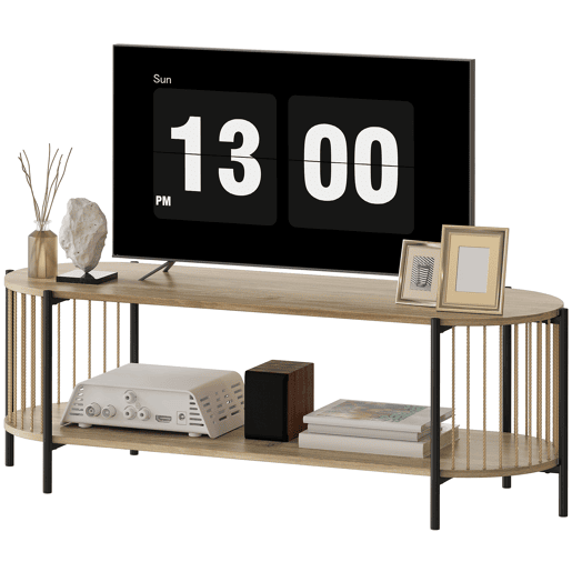 Suporte para TV em estilo boêmio para televisores de até 55 polegadas com design em corda de papel e 2 prateleiras abertas, 124 x 43,5 x 41 cm, cor natural.