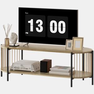 Suporte para TV em estilo boêmio para televisores de até 55 polegadas com design em corda de papel e 2 prateleiras abertas, 124 x 43,5 x 41 cm, cor natural.
