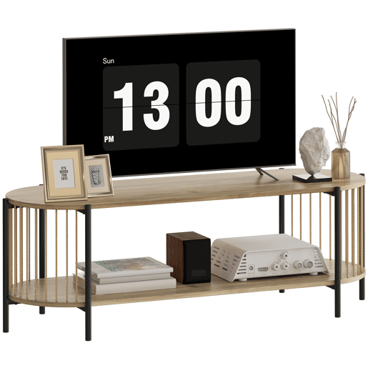 Suporte para TV em estilo boêmio para televisores de até 55 polegadas com design em corda de papel e 2 prateleiras abertas, 124 x 43,5 x 41 cm, cor natural.