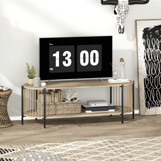 Suporte para TV em estilo boêmio para televisores de até 55 polegadas com design em corda de papel e 2 prateleiras abertas, 124 x 43,5 x 41 cm, cor natural.