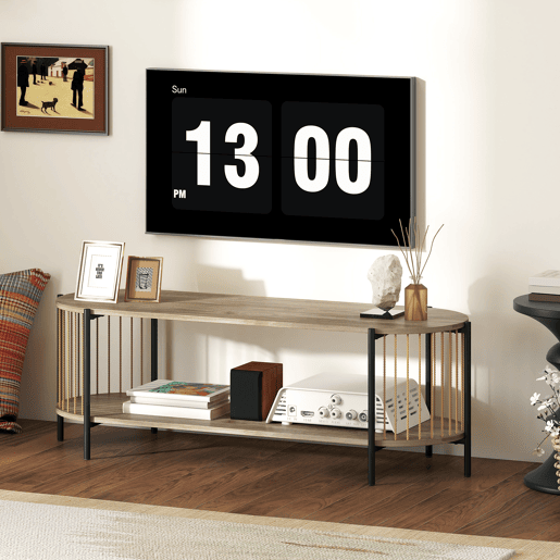 Suporte para TV em estilo boêmio para televisores de até 55 polegadas com design em corda de papel e 2 prateleiras abertas, 124 x 43,5 x 41 cm, cor natural.