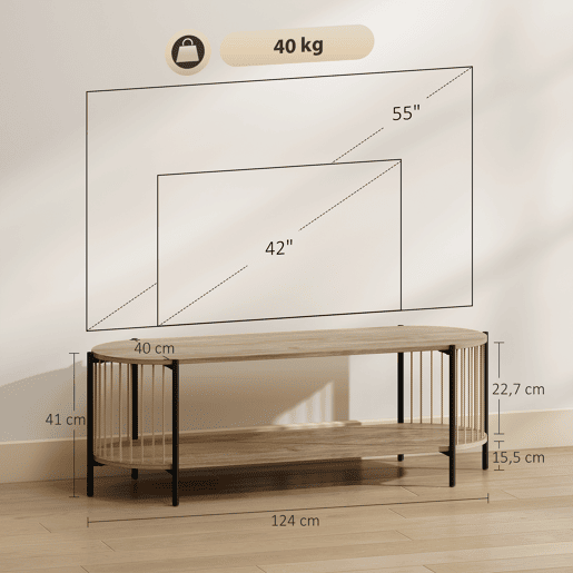 Suporte para TV em estilo boêmio para televisores de até 55 polegadas com design em corda de papel e 2 prateleiras abertas, 124 x 43,5 x 41 cm, cor natural.