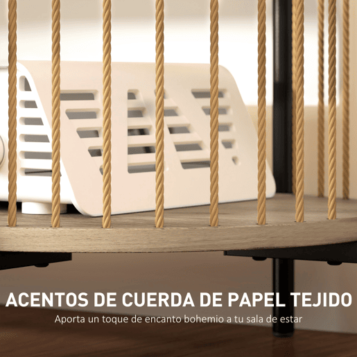 Suporte para TV em estilo boêmio para televisores de até 55 polegadas com design em corda de papel e 2 prateleiras abertas, 124 x 43,5 x 41 cm, cor natural.