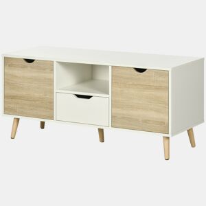 Móvel para TV com gaveta e 2 portas para televisores de até 50 polegadas, 110x40x50 cm, branco e madeira natural.