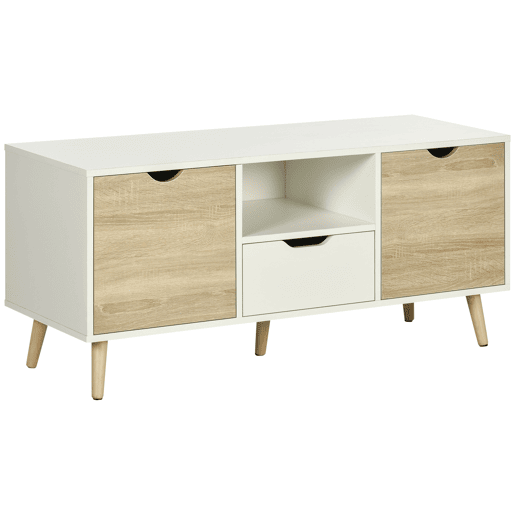 Móvel para TV com gaveta e 2 portas para televisores de até 50 polegadas, 110x40x50 cm, branco e madeira natural. Móvel para TV com gaveta e 2 portas para televisores de até 50 polegadas, 110x40x50 cm, branco e madeira natural.