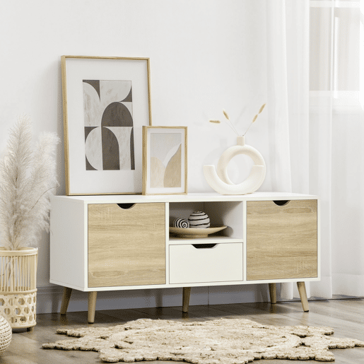 Móvel para TV com gaveta e 2 portas para televisores de até 50 polegadas, 110x40x50 cm, branco e madeira natural. Móvel para TV com gaveta e 2 portas para televisores de até 50 polegadas, 110x40x50 cm, branco e madeira natural.