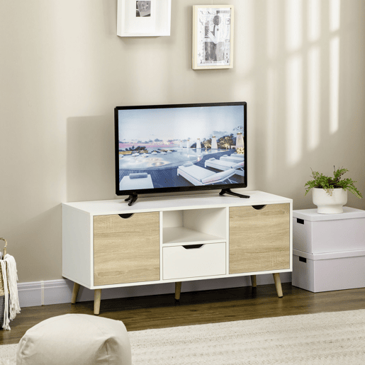 Móvel para TV com gaveta e 2 portas para televisores de até 50 polegadas, 110x40x50 cm, branco e madeira natural. Móvel para TV com gaveta e 2 portas para televisores de até 50 polegadas, 110x40x50 cm, branco e madeira natural.