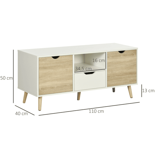 Móvel para TV com gaveta e 2 portas para televisores de até 50 polegadas, 110x40x50 cm, branco e madeira natural. Móvel para TV com gaveta e 2 portas para televisores de até 50 polegadas, 110x40x50 cm, branco e madeira natural.