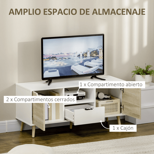 Móvel para TV com gaveta e 2 portas para televisores de até 50 polegadas, 110x40x50 cm, branco e madeira natural. Móvel para TV com gaveta e 2 portas para televisores de até 50 polegadas, 110x40x50 cm, branco e madeira natural.