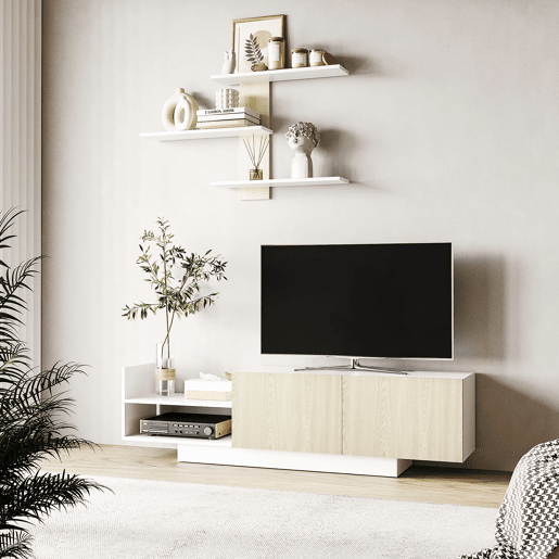 Móvel para TV de sala de estar com suporte para TV 150x31,5x40 cm e prateleira de parede 95,5x16x60 cm Natural Móvel para TV de sala de estar com suporte para TV 150x31,5x40 cm e prateleira de parede 95,5x16x60 cm Natural