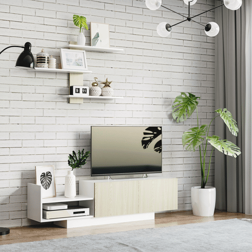 Móvel para TV de sala de estar com suporte para TV 150x31,5x40 cm e prateleira de parede 95,5x16x60 cm Natural Móvel para TV de sala de estar com suporte para TV 150x31,5x40 cm e prateleira de parede 95,5x16x60 cm Natural