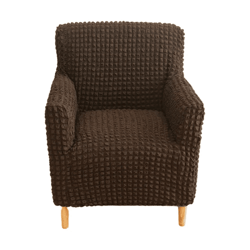 Capa elástica seersucker para poltrona individual alta com braços, castanho café Capa elástica seersucker para poltrona individual alta com braços, castanho café
