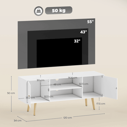 Móvel para TV com 2 portas e 2 prateleiras para TVs de até 55 polegadas, 120x34x50 cm, branco Móvel para TV com 2 portas e 2 prateleiras para TVs de até 55 polegadas, 120x34x50 cm, branco