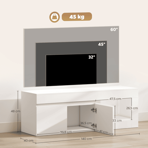 Móvel de TV moderno para sala de estar com 2 portas, prateleira aberta para TV de 60 polegadas, 140x40x48 cm, branco Móvel de TV moderno para sala de estar com 2 portas, prateleira aberta para TV de 60 polegadas, 140x40x48 cm, branco