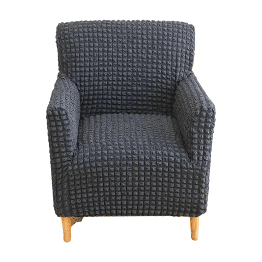 Capa elástica seersucker para poltrona individual alta com braços, cinzento escuro Capa elástica seersucker para poltrona individual alta com braços, cinzento escuro