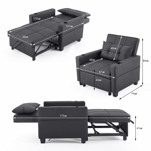 Sofá-cama individual de 1 lugar - conversível 3 em 1 com encosto reclinável, porta-copos e porta USB para espaços pequenos - Preto