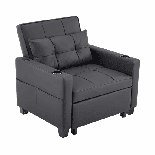 Sofá-cama individual de 1 lugar - conversível 3 em 1 com encosto reclinável, porta-copos e porta USB para espaços pequenos - Preto