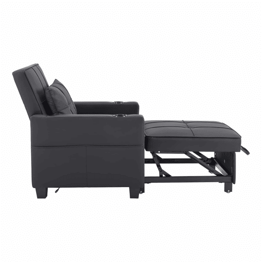 Sofá-cama individual de 1 lugar - conversível 3 em 1 com encosto reclinável, porta-copos e porta USB para espaços pequenos - Preto