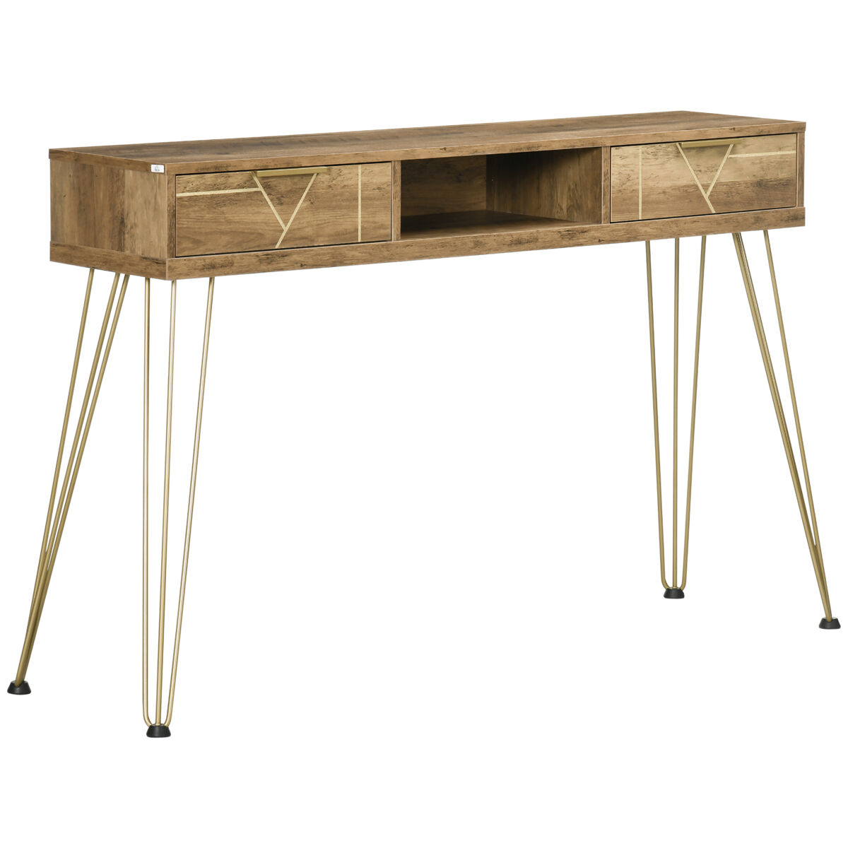 Consola mueble recibidor de entrada con 2 cajones estante abierto y patas de acero 120x29x79 cm madera y bronce