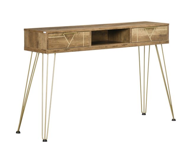 Consola mueble recibidor de entrada con 2 cajones estante abierto y patas de acero 120x29x79 cm madera y bronce