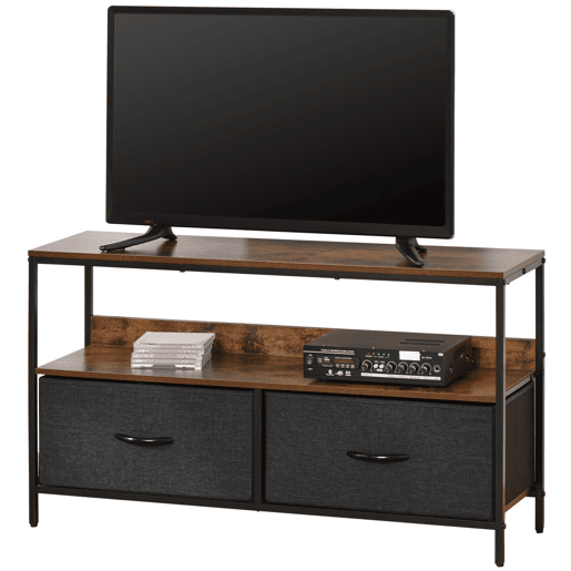 Suporte para TV, mesa para TV com prateleira e 2 gavetas dobráveis em tecido, para TVs de até 47 polegadas, 98 cm de comprimento, para sala de estar, quarto, marrom rústico e preto.