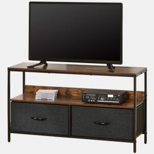 Suporte para TV, mesa para TV com prateleira e 2 gavetas dobráveis em tecido, para TVs de até 47 polegadas, 98 cm de comprimento, para sala de estar, quarto, marrom rústico e preto.