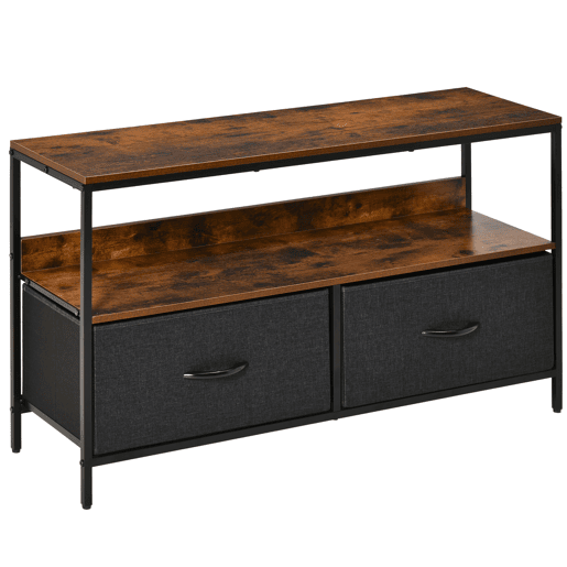 Suporte para TV, mesa para TV com prateleira e 2 gavetas dobráveis em tecido, para TVs de até 47 polegadas, 98 cm de comprimento, para sala de estar, quarto, marrom rústico e preto.