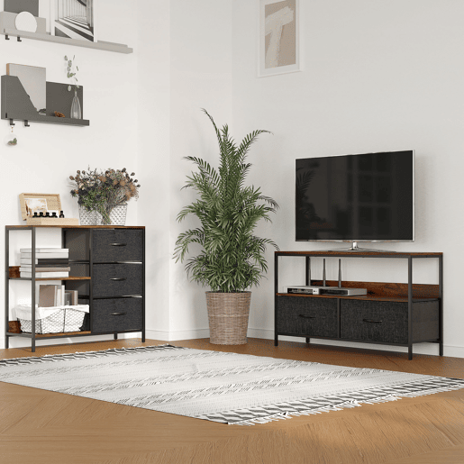 Suporte para TV, mesa para TV com prateleira e 2 gavetas dobráveis em tecido, para TVs de até 47 polegadas, 98 cm de comprimento, para sala de estar, quarto, marrom rústico e preto.