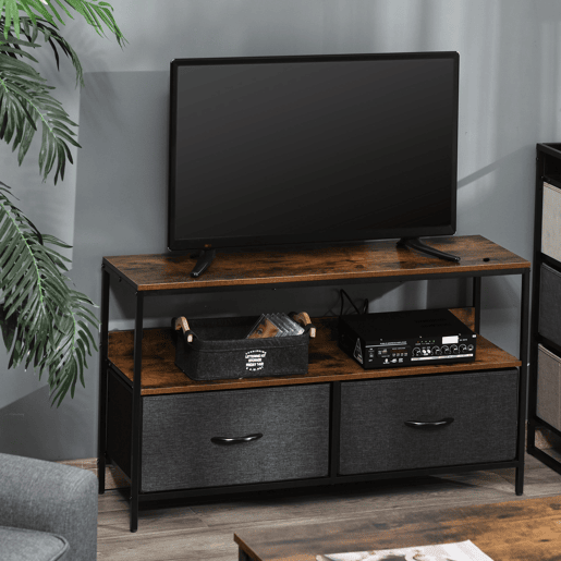 Suporte para TV, mesa para TV com prateleira e 2 gavetas dobráveis em tecido, para TVs de até 47 polegadas, 98 cm de comprimento, para sala de estar, quarto, marrom rústico e preto.