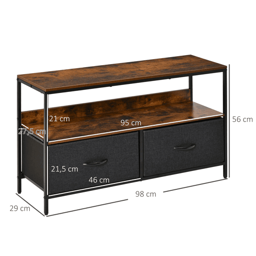 Suporte para TV, mesa para TV com prateleira e 2 gavetas dobráveis em tecido, para TVs de até 47 polegadas, 98 cm de comprimento, para sala de estar, quarto, marrom rústico e preto.