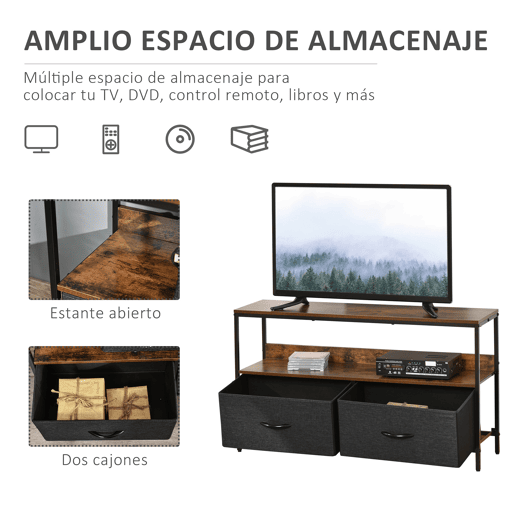 Suporte para TV, mesa para TV com prateleira e 2 gavetas dobráveis em tecido, para TVs de até 47 polegadas, 98 cm de comprimento, para sala de estar, quarto, marrom rústico e preto.