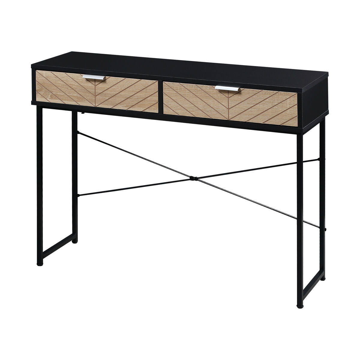Mesa de consola estrecha con 2 cajones diseño de líneas talladas estilo moderna negro y roble