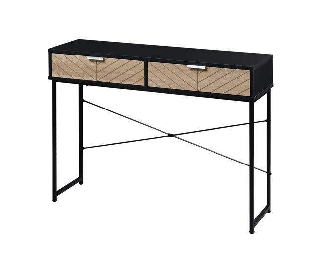 Mesa de consola estrecha con 2 cajones diseño de líneas talladas estilo moderna negro y roble