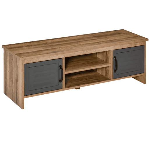 Móvel para TV de 42 com 2 compartimentos fechados com portas metálicas e 2 prateleiras abertas. Móvel moderno para sala de estar. Mesa para TV 109x35x38 cm. Madeira natural e cinza.
