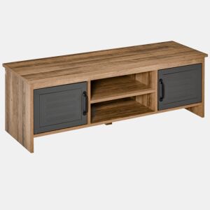 Móvel para TV de 42 com 2 compartimentos fechados com portas metálicas e 2 prateleiras abertas. Móvel moderno para sala de estar. Mesa para TV 109x35x38 cm. Madeira natural e cinza.