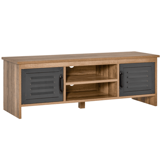 Móvel para TV de 42 com 2 compartimentos fechados com portas metálicas e 2 prateleiras abertas. Móvel moderno para sala de estar. Mesa para TV 109x35x38 cm. Madeira natural e cinza.