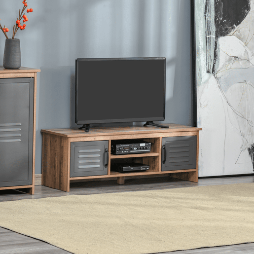 Móvel para TV de 42 com 2 compartimentos fechados com portas metálicas e 2 prateleiras abertas. Móvel moderno para sala de estar. Mesa para TV 109x35x38 cm. Madeira natural e cinza.