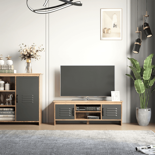 Móvel para TV de 42 com 2 compartimentos fechados com portas metálicas e 2 prateleiras abertas. Móvel moderno para sala de estar. Mesa para TV 109x35x38 cm. Madeira natural e cinza.