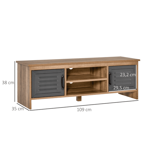 Móvel para TV de 42 com 2 compartimentos fechados com portas metálicas e 2 prateleiras abertas. Móvel moderno para sala de estar. Mesa para TV 109x35x38 cm. Madeira natural e cinza.